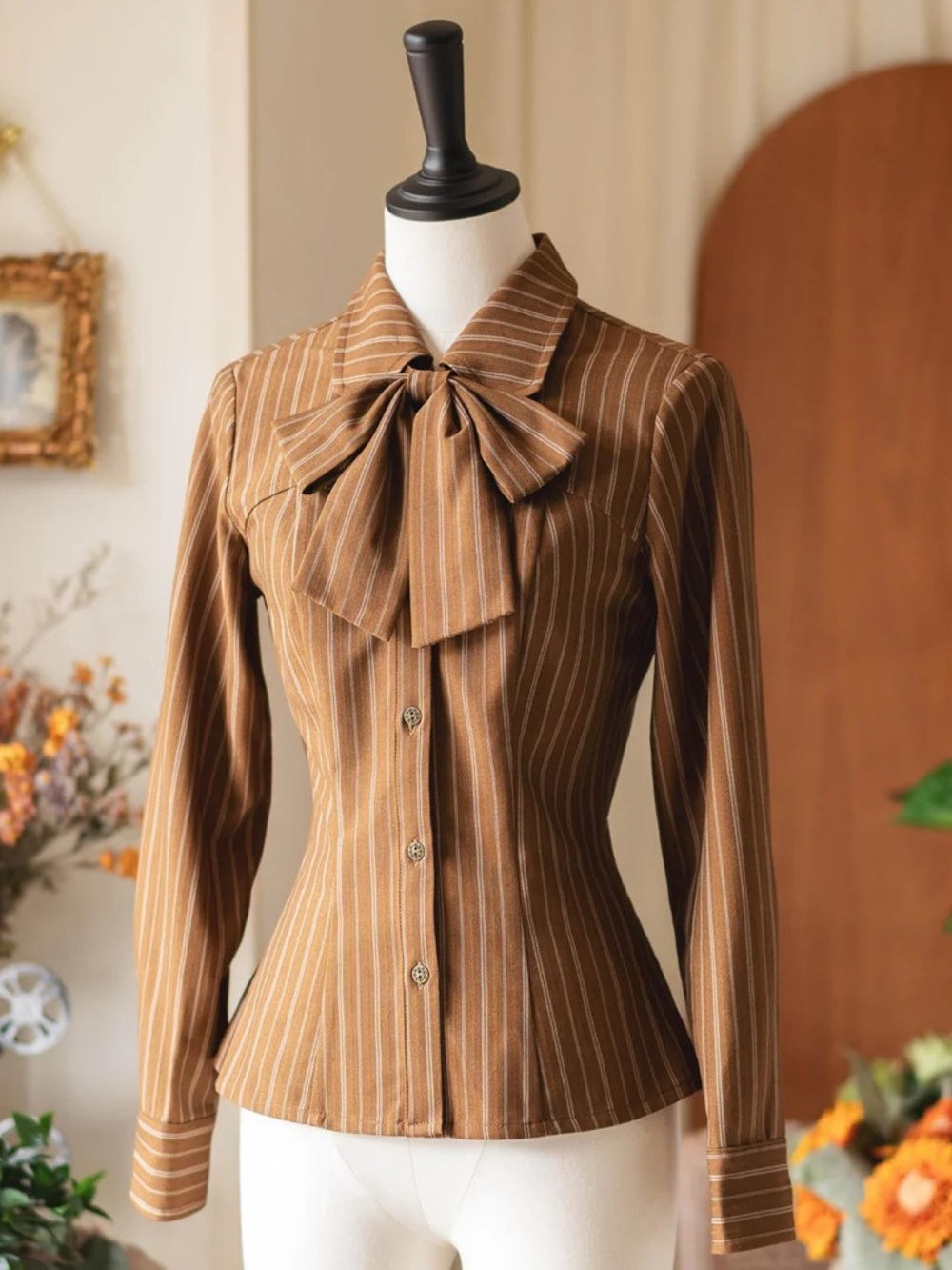 Tailored Brown Pinstripe Bow-Tie Button-Down Blouse